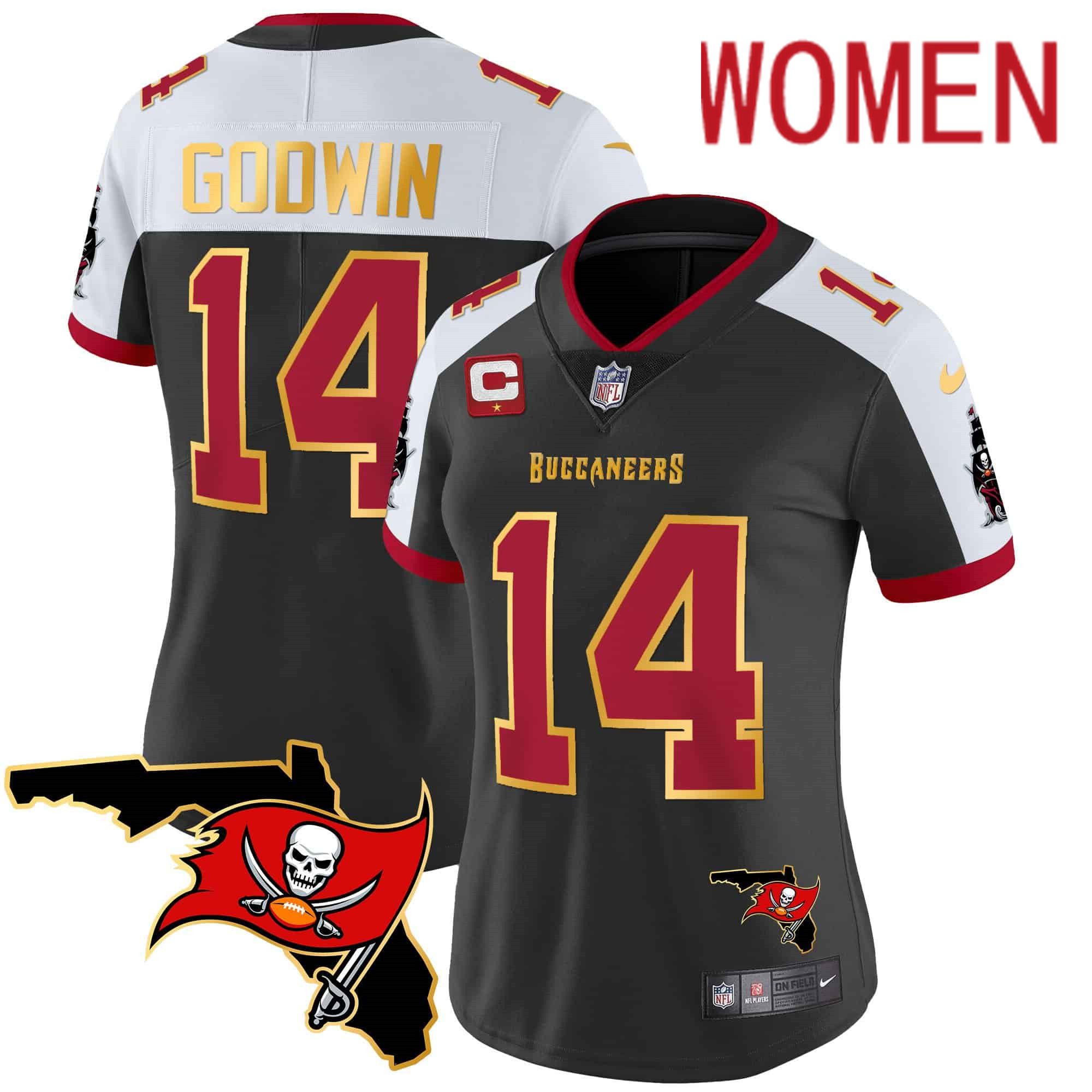 Women Tampa Bay Buccaneers 14 Godwin Black 2024 Nike Florida Patch Gold Trim Vapor NFL Jersey